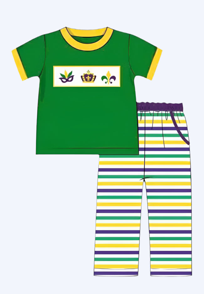 BOYS HAND SMOCKED MARDI GRAS PANT SET
