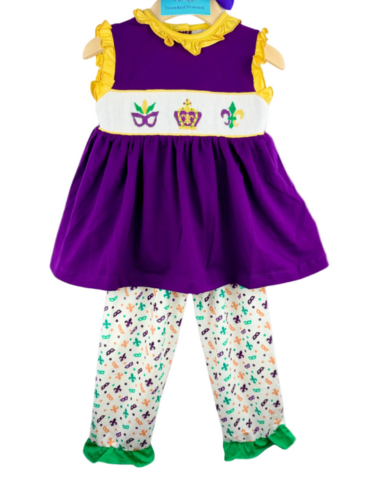 Hand Smocked Mardi Gras Girls Pants Set