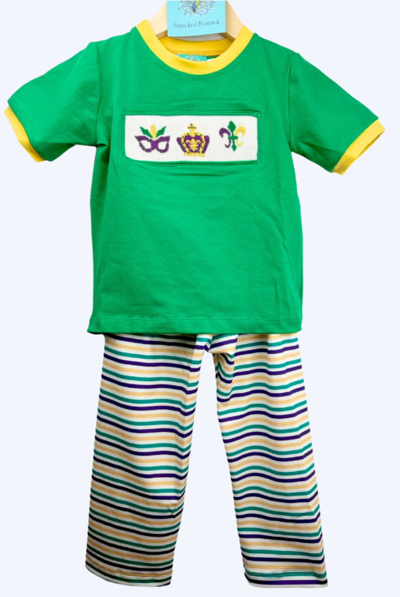 BOYS HAND SMOCKED MARDI GRAS PANT SET