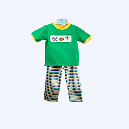 BOYS HAND SMOCKED MARDI GRAS PANT SET