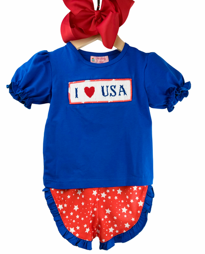 Patriotic Hand smocked - I ❤️ USA - girls shorts set