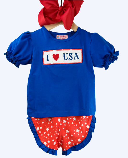PATRIOTIC HAND SMOCKED - I ❤️ USA - GIRLS SHORTS SET