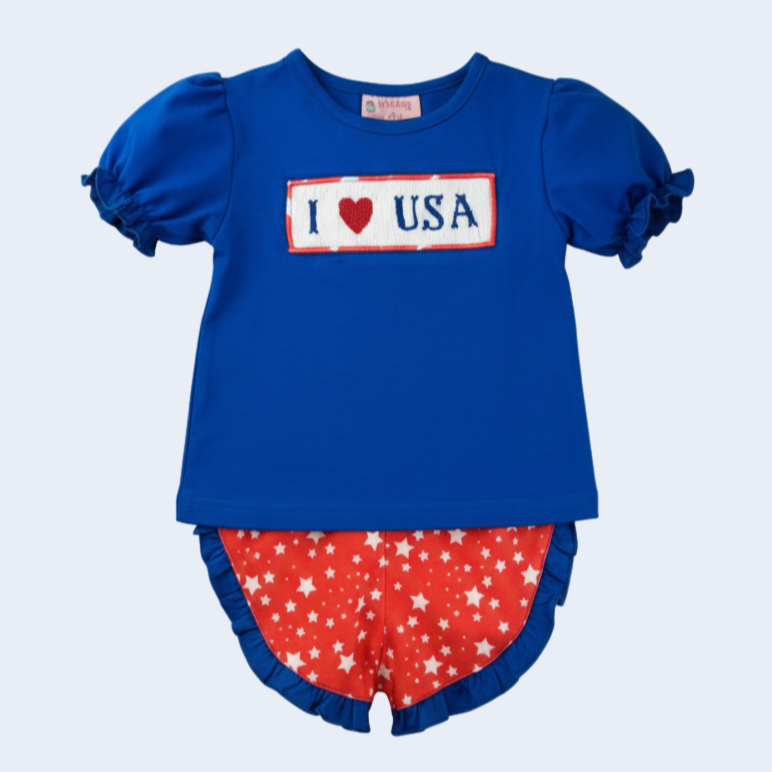 PATRIOTIC HAND SMOCKED - I ❤️ USA - GIRLS SHORTS SET