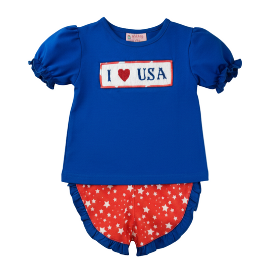 Hand Smocked Patriotic Hand Smocked - I ❤️ USA - Girls Shorts Set