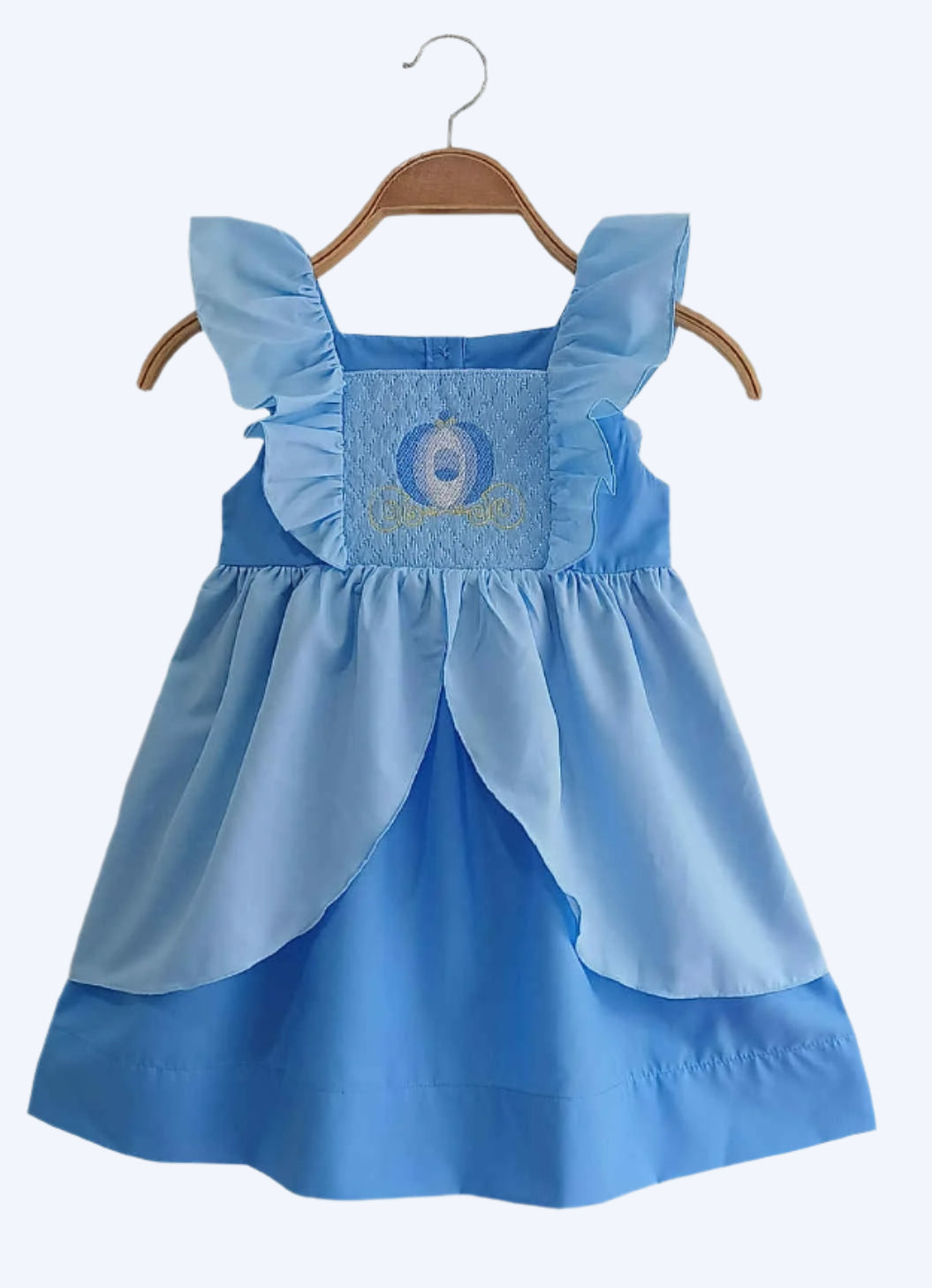 CINDERELLA SMOCKED BLUE PRINCESS CARRAIGE DRESS – A DREAM COME TRUE