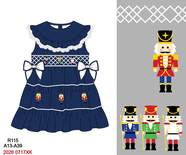 Christmas Girls Navy Blue Tiered Nutcracker Hand Smocked Dress with Lace Collar