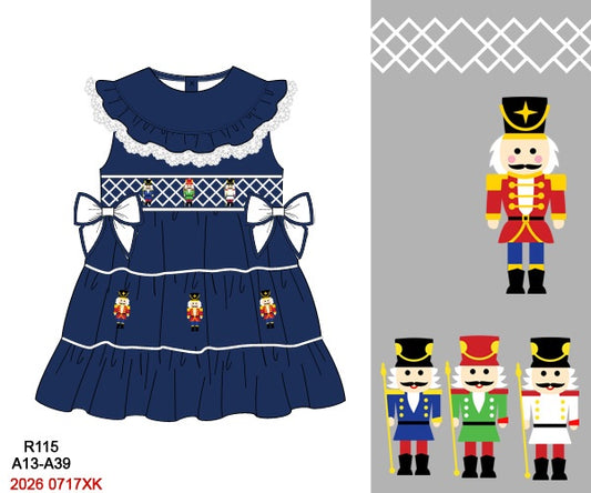 Christmas Girls Navy Blue Tiered Nutcracker Hand Smocked Dress with Lace Collar