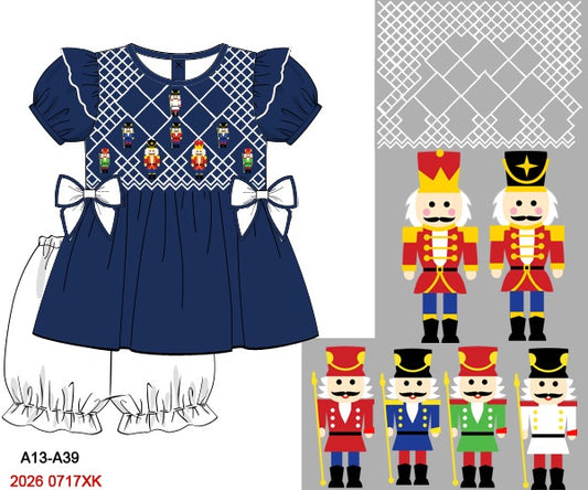 Christmas Girls Navy Blue Nutcracker Hand Smocked Dress & Bloomer Set