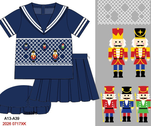 Christmas Girls Navy Sailor Collar Nutcracker Hand Smocked Skirt Set