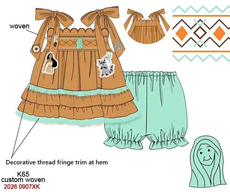 Girls Hand-Smocked Forest Princess Bloomer Set - Tan & Mint