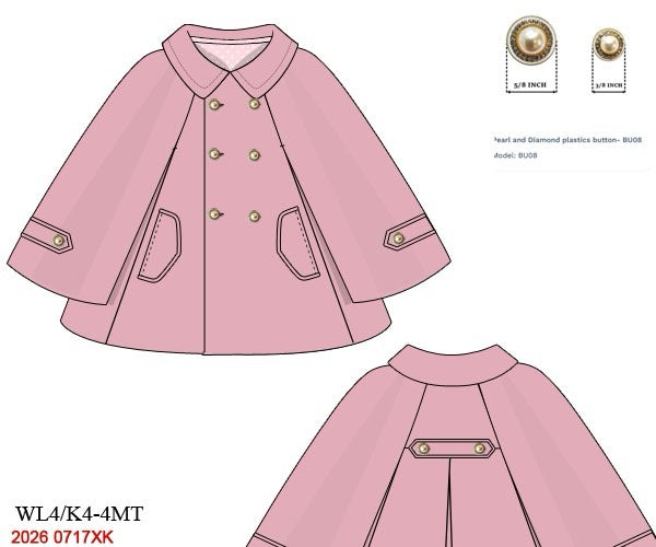 Classic Girls' Pink Wool Double-Breasted Cape Coat with Pearl Buttons