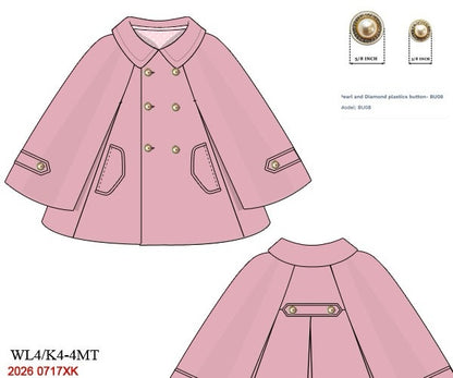 Classic Girls' Pink Wool Double-Breasted Cape Coat with Pearl Buttons
