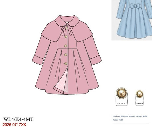 Girls' Vintage Pink Wool Caped Princess Coat with Pearl Buttons & Back Bow