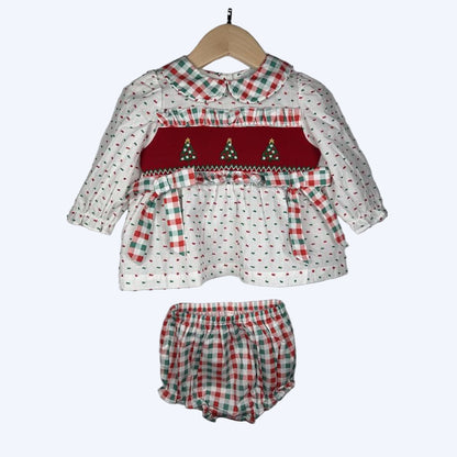 GIRLS HAND SMOCKED SWISS DOT CHRISTMAS TREE BLOOMER SET