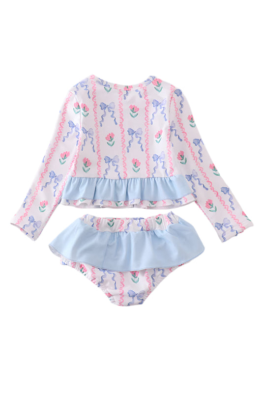 Blue Floral Bow Rashguard 2pc Swimsuit UPF50+