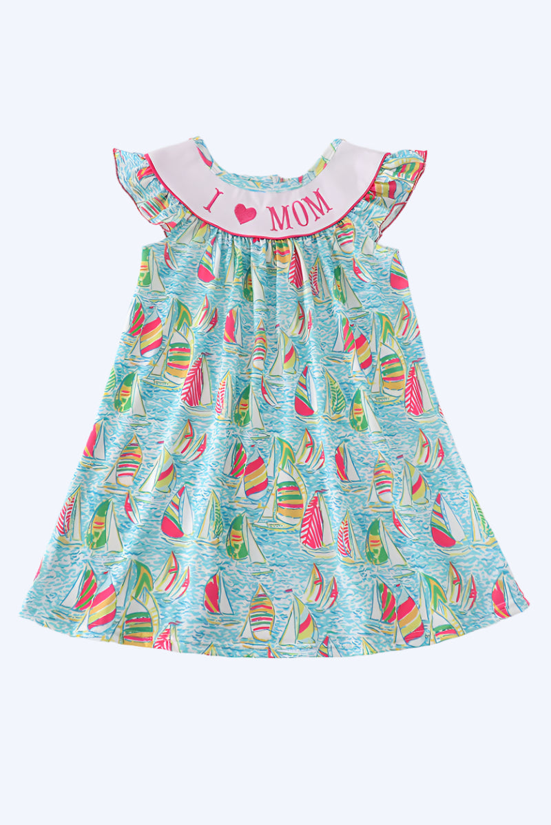 GREEN SAILBOAT I LOVE MOM EMBROIDERY GIRL DRESS