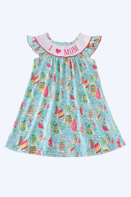 GREEN SAILBOAT I LOVE MOM EMBROIDERY GIRL DRESS