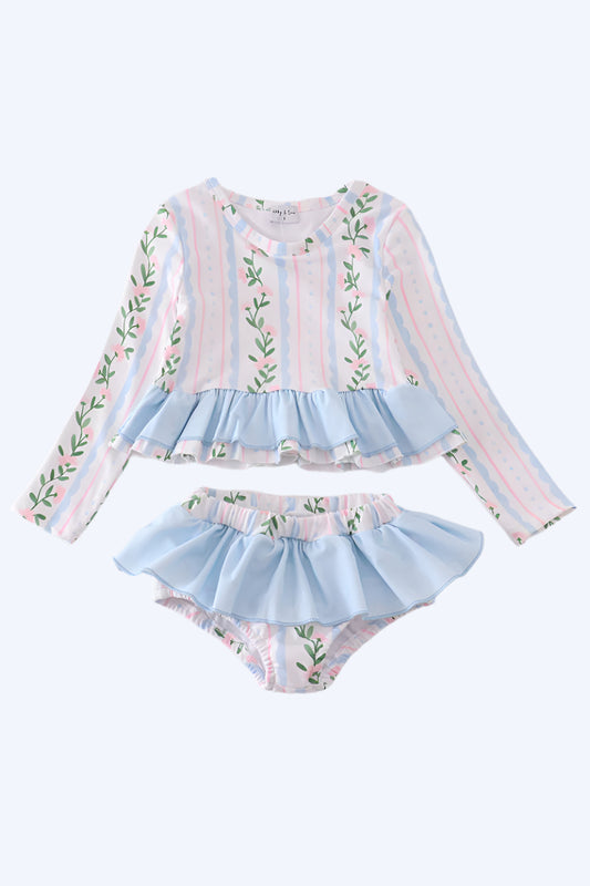 Blue floral print ruffle 2pc rashguard swimsuit UPF50+