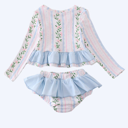 BLUE FLORAL PRINT RUFFLE 2PC RASHGUARD SWIMSUIT UPF50+
