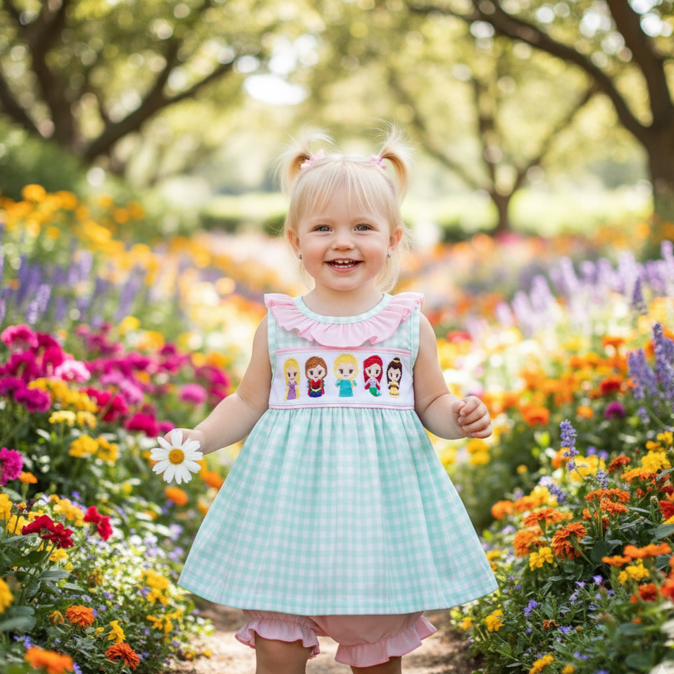 MAGICAL - BLUE PRINCESS EMBROIDERY GIRL GINGHAM BLOOMER SET