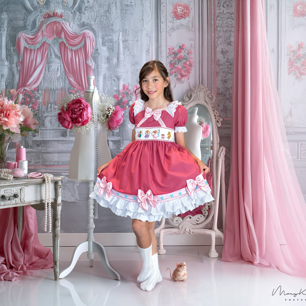 Magical Sewing Mice Smocked Pink Princess Dress Hand Smocked Hand Embroidered