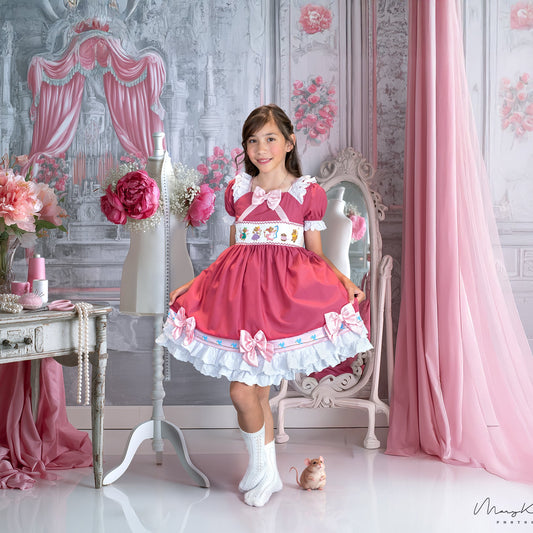 Magical Sewing Mice Smocked Pink Princess Dress Hand Smocked Hand Embroidered
