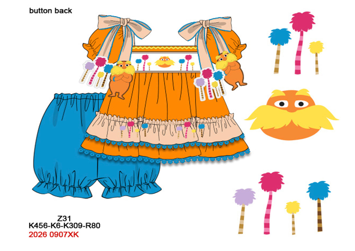 Girls Hand-Smocked Storybook Forest Bloomer Set - Orange & Blue