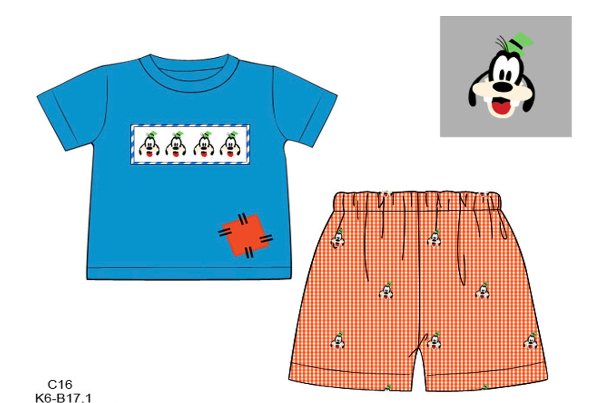 Boys Hand-Smocked Silly Pup Short Set - Blue & Orange Gingham