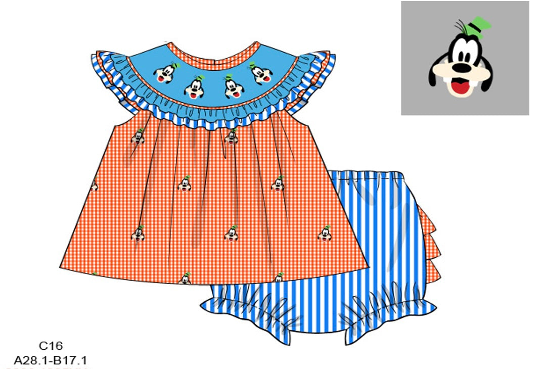 Girls Hand-Smocked Silly Pup Bloomer Set - Orange Gingham