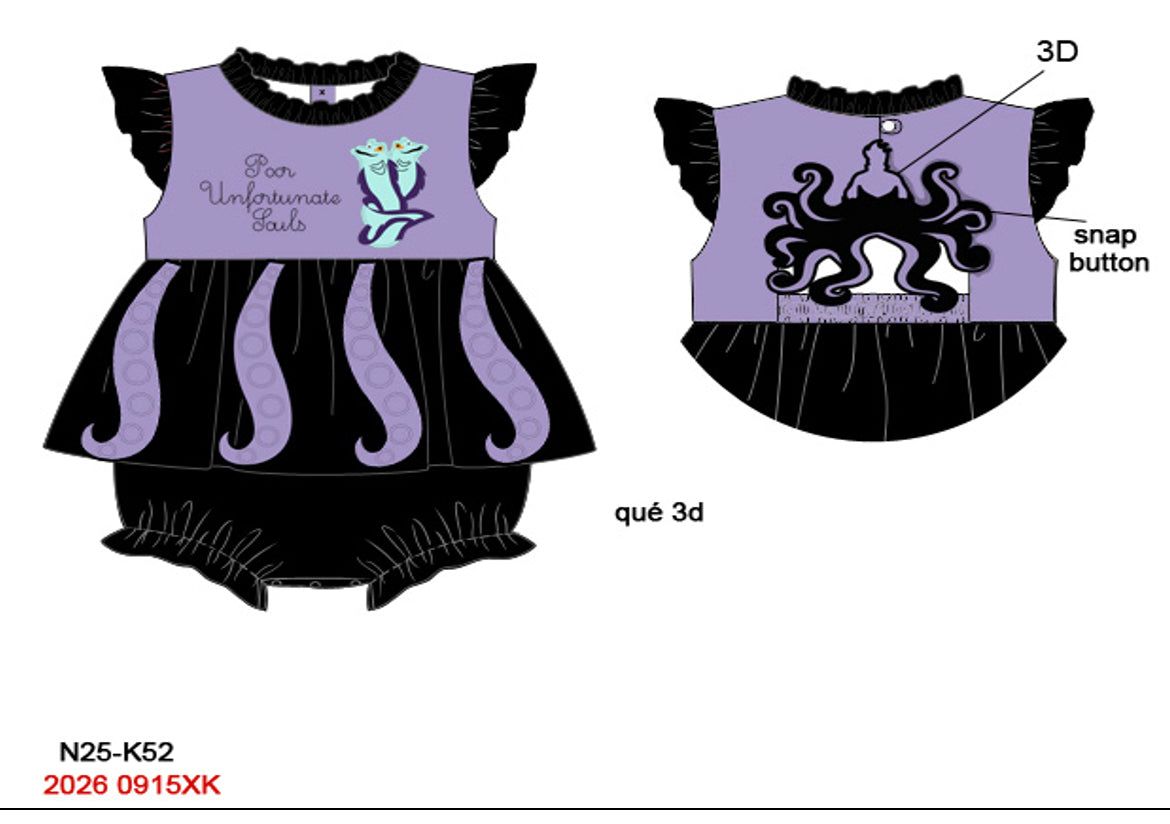 Girls Embroidered Sea Witch Bubble Romper - Purple & Black