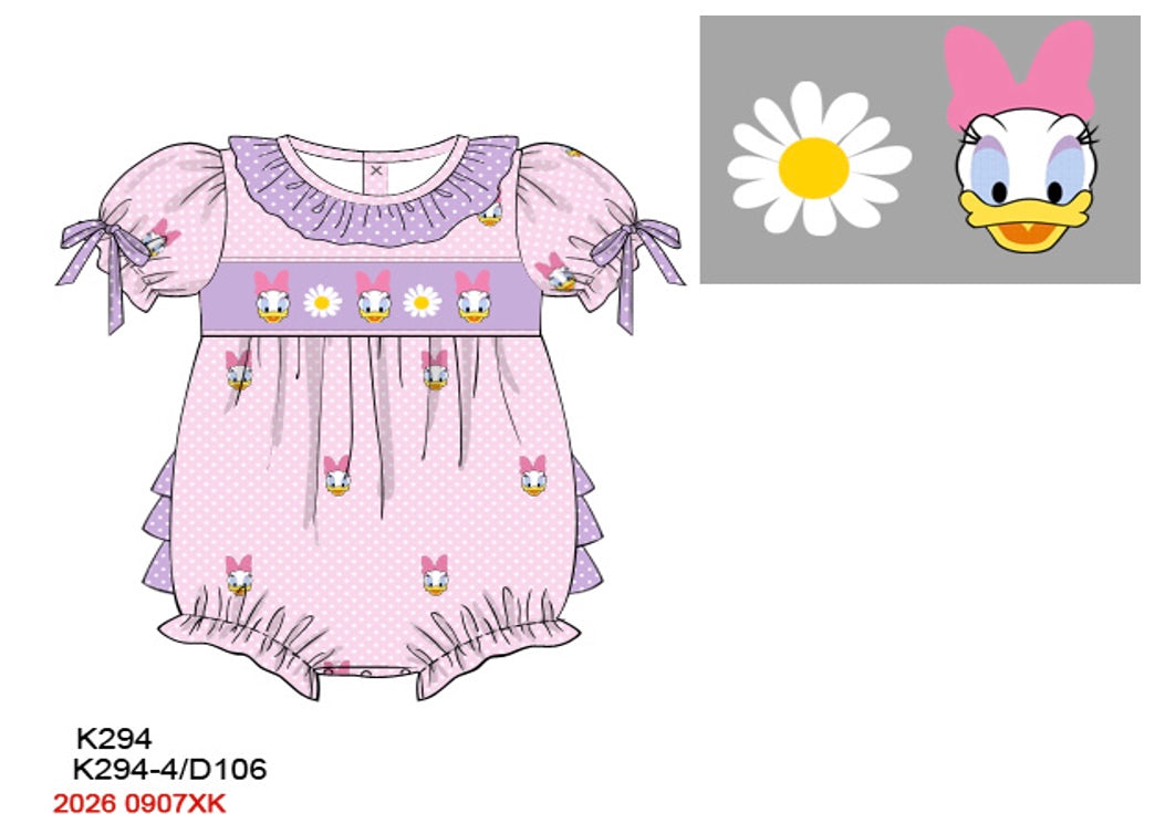Baby Girls Hand-Smocked Storybook Duck Bubble - Pink & Lavender