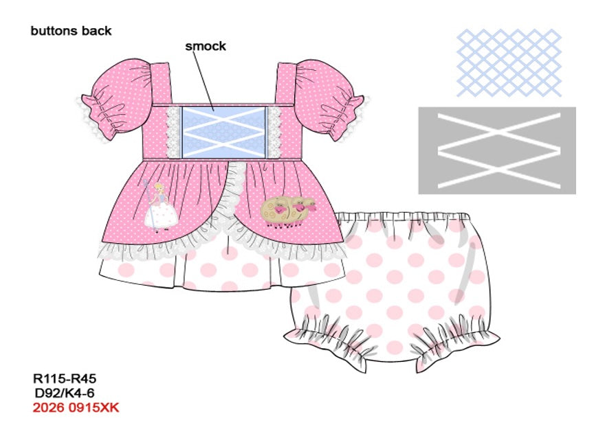 Girls Hand-Smocked Shepherdess Bloomer Set - Pink Polka Dot