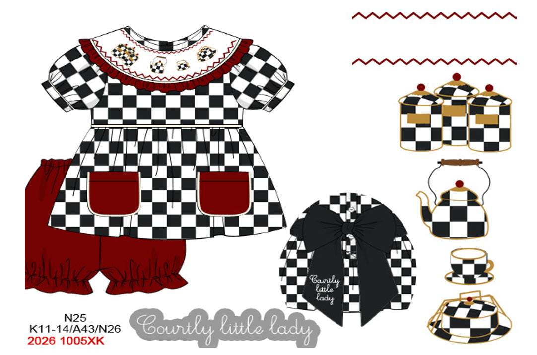 Girls Hand-Smocked Courtly Lady Bloomer Set - Black Check & Red