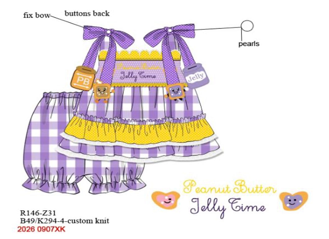 Girls Embroidered PB&J Bloomer Set - Purple Gingham