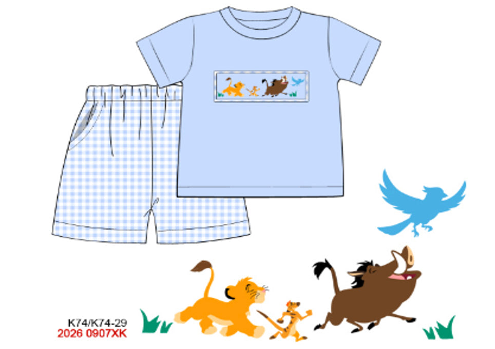Boys Hand-Smocked Savanna Friends Short Set - Blue Gingham