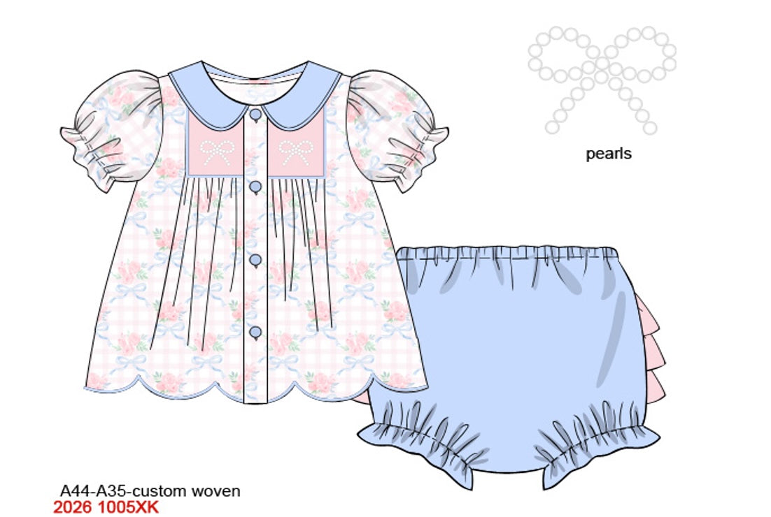 Girls Embroidered Pearl Bow Rose Bloomer Set - Pink & Blue