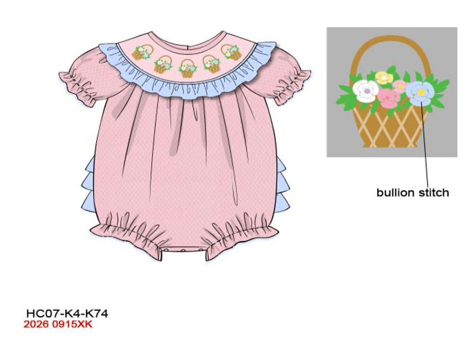 Baby Girls Hand-Smocked Flower Basket Bubble - Pastel Pink