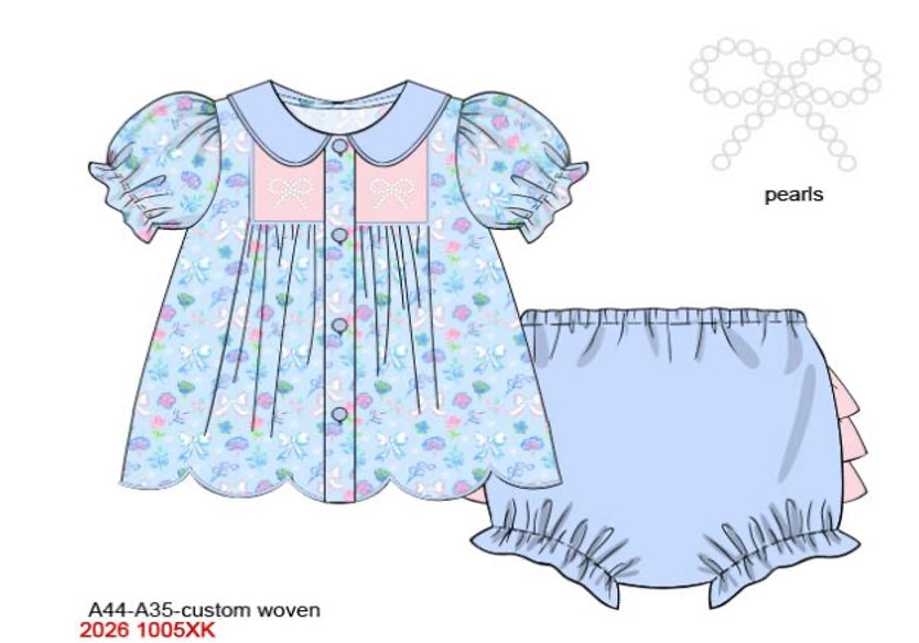 Girls Embroidered Pearl Bow Rose Bloomer Set - Pastel Blue