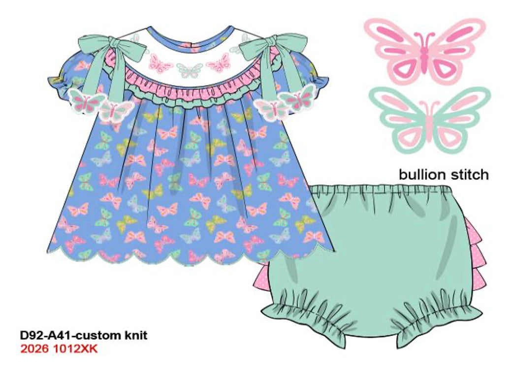 Girls Embroidered Butterfly Bloomer Set - Blue & Mint Knit