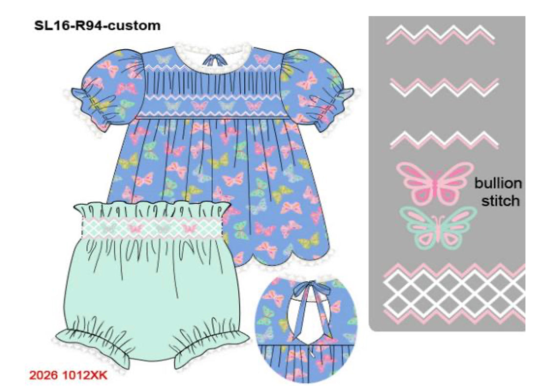 Baby Girl Hand-Smocked Butterfly Bloomer Set - Blue & Mint