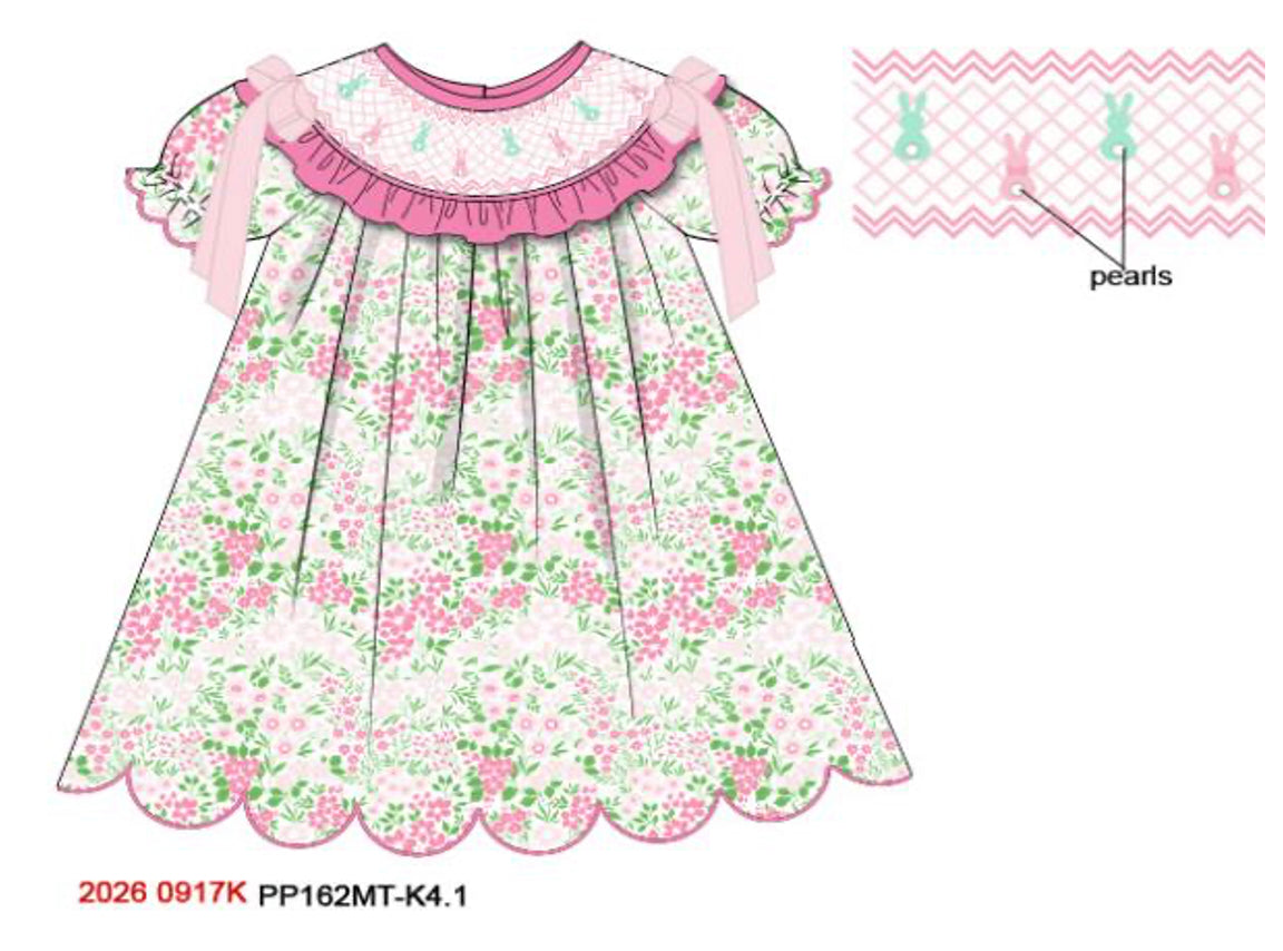 Girls Hand-Smocked Easter Bunny Bishop Dress - Pink Floral