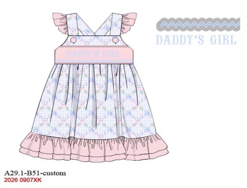 Girls Hand-Smocked Daddy's Girl Dress - Blue Floral Gingham