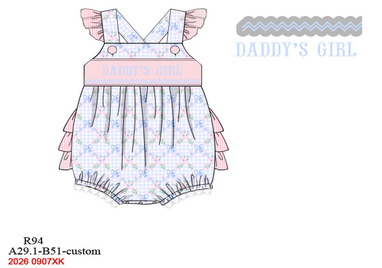 Girls Hand-Smocked Daddy's Girl Bubble Romper - Blue Floral
