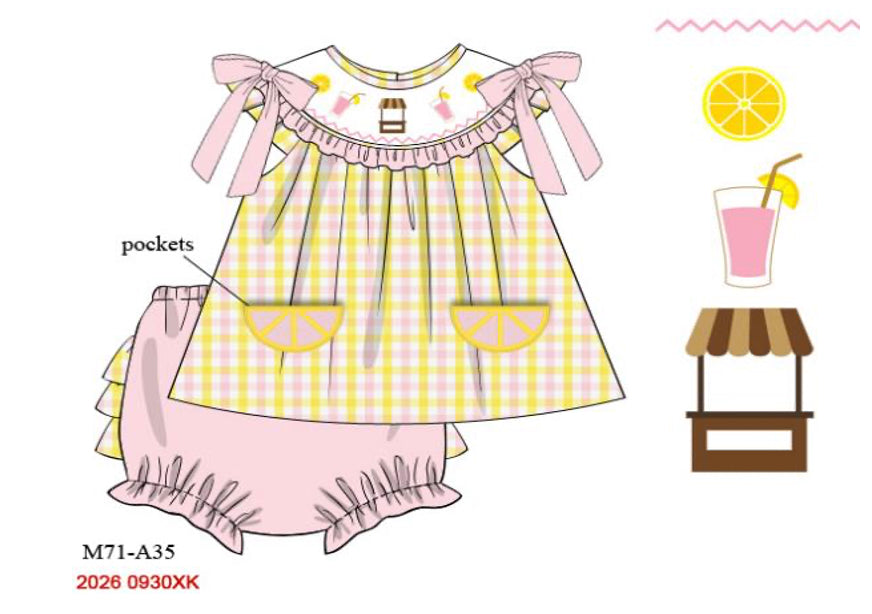 Girls Hand-Smocked Lemonade Stand Bloomer Set - Yellow Gingham