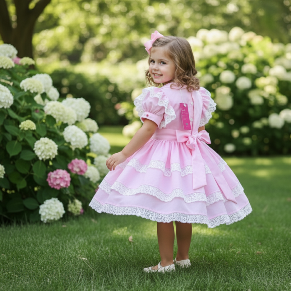 PINK 2PC DRESS WITH DETACHABLE APRON - HAND SMOCKED WITH HAND EMBROIDERED DRESS