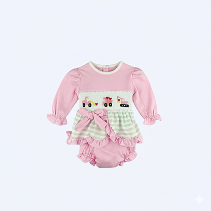 VALENTINES DAY CONSTRUCTION HEARTS - HAND SMOCKED - GIRL BLOOMER SET