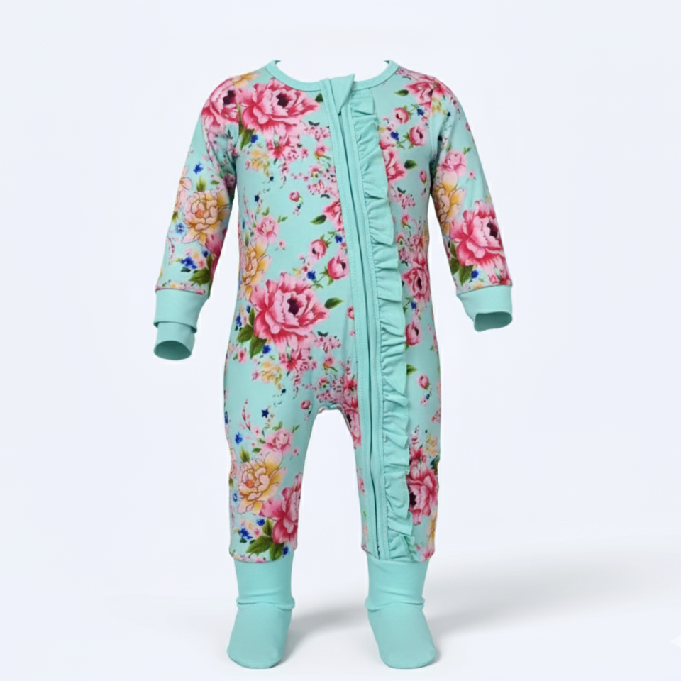 TEAL FLORAL RUFFLE BUTT SLEEPER WITH HAND AND FOOTIE COVERS