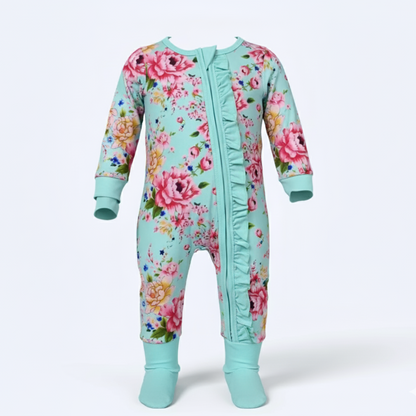 TEAL FLORAL RUFFLE BUTT SLEEPER WITH HAND AND FOOTIE COVERS