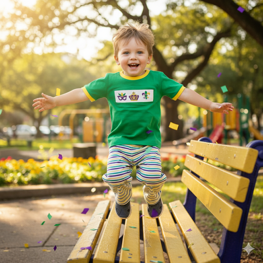 BOYS HAND SMOCKED MARDI GRAS PANT SET