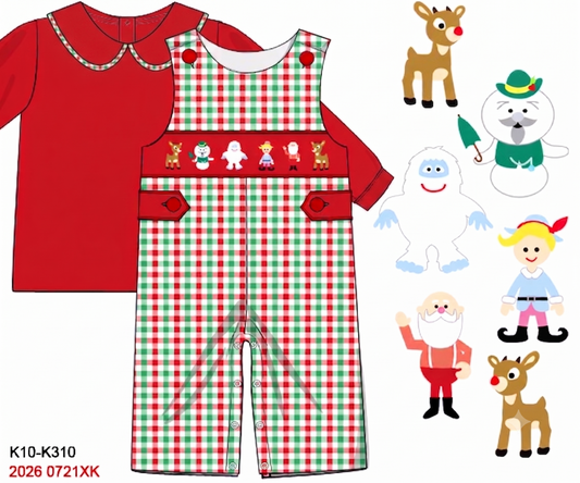 Boys Hand Smocked Rudolph & Friends Red & Green Gingham Christmas Jon Jon w/ Long Sleeve Shirt